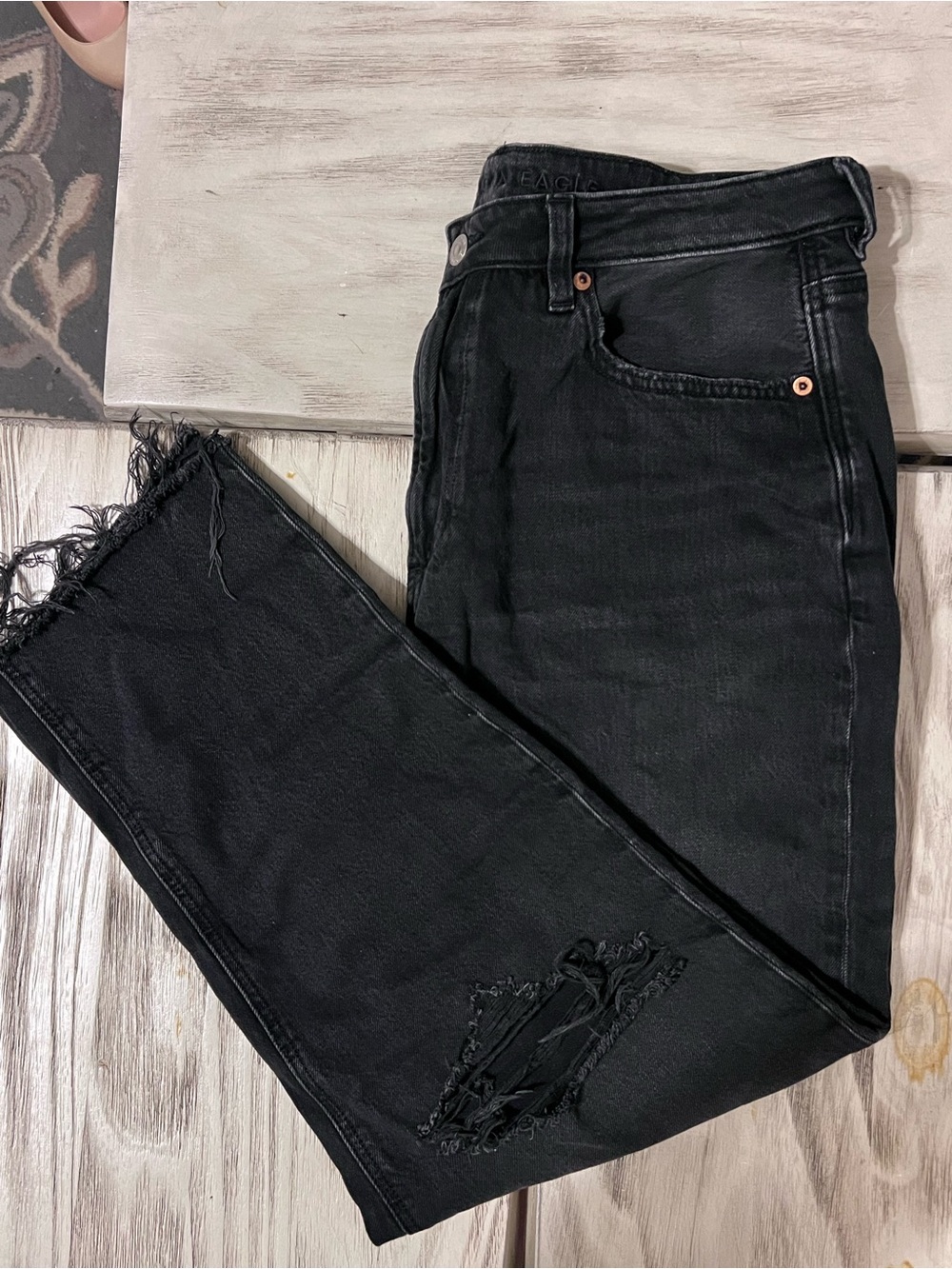 American Eagle Strigid Black Distressed Jeans Size 14 Raw Hem